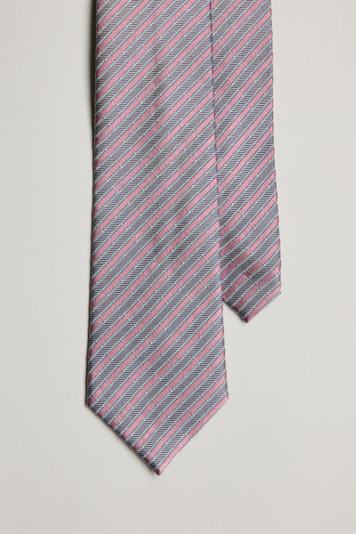 A close-up of the Barkers Eden Striped Tie, showcasing its diagonal blue and pink stripes on a light background.