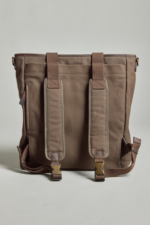 Barkers Foxton Canvas Convertible Tote in brown, cotton canvas, with padded straps and buckles.