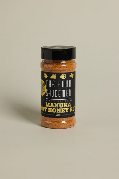 A 300g jar of Other Manuka Hot Honey Rub with a black label featuring gold and white text and small icons, set against a beige background. Ideal for chicken and ribs.