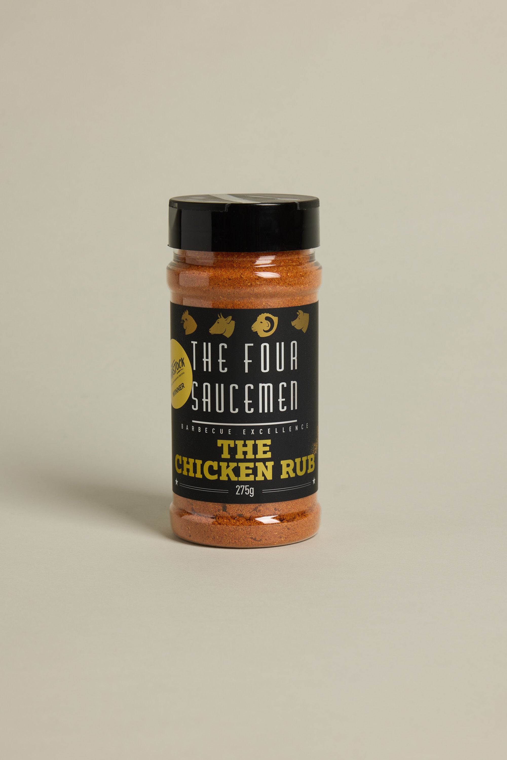 A 275g jar of Barkers The Chiclen Rub, featuring a black label with yellow and white text and chicken icons on a neutral background. Ideal as a sweet and smoky BBQ seasoning for poultry.