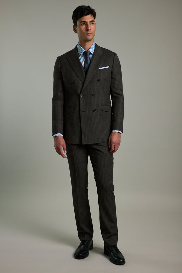 Man in a Barkers Radcliffe Stripe Double Breasted Suit Jacket, standing against a plain background.