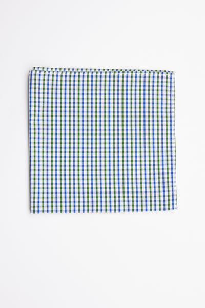 The Barkers Pinebrook Check Pocket Square, featuring a blue, green, and white gingham pattern, is neatly folded and displayed on a white background.