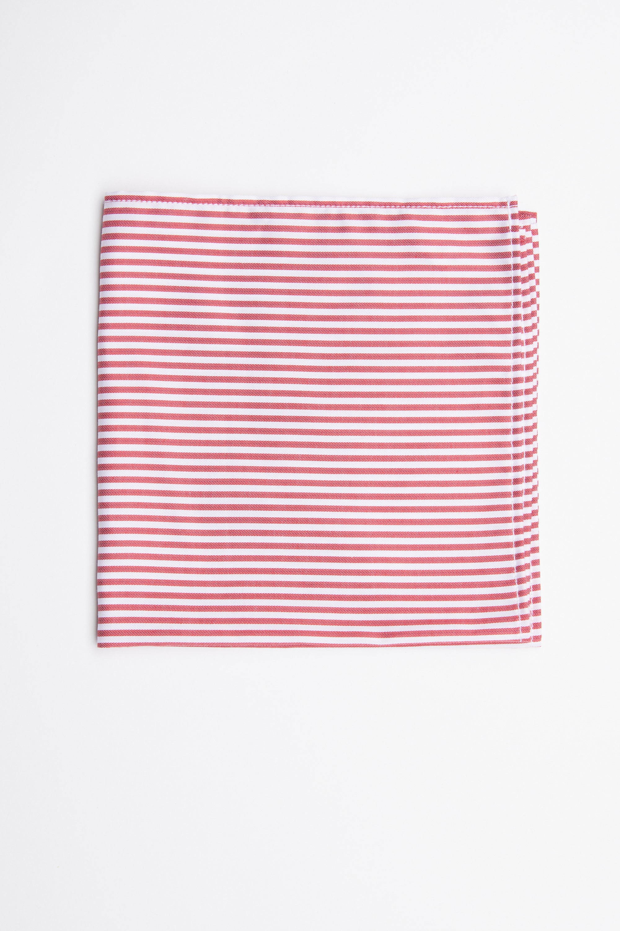 The Barkers Nelm Stripe Pocket Square features red and white horizontal stripes on soft cotton, neatly folded and displayed on a white background.