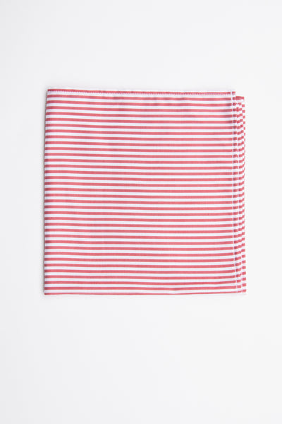 The Barkers Nelm Stripe Pocket Square features red and white horizontal stripes on soft cotton, neatly folded and displayed on a white background.