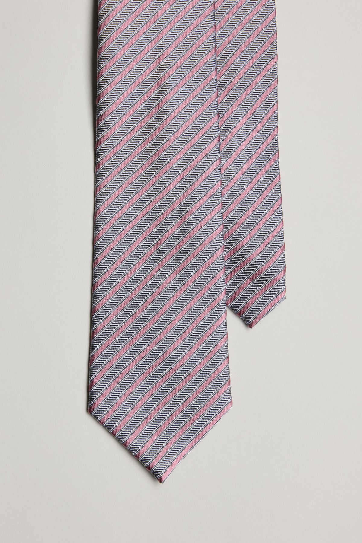 Barkers Eden Striped Tie: gray silk, jacquard texture, pink/blue diagonal stripes on white.