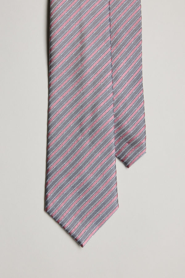 Barkers Eden Striped Tie: gray silk, jacquard texture, pink/blue diagonal stripes on white.