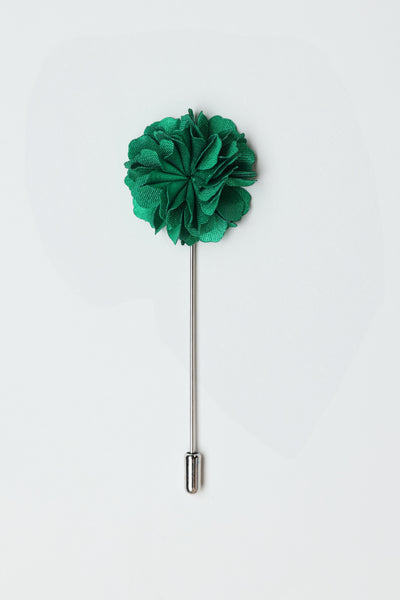 The Parisian Fraser Flower Lapel Pin features a green flower with a silver stem and cap, shown on a white background—an elegant accessory perfect for formal occasions.