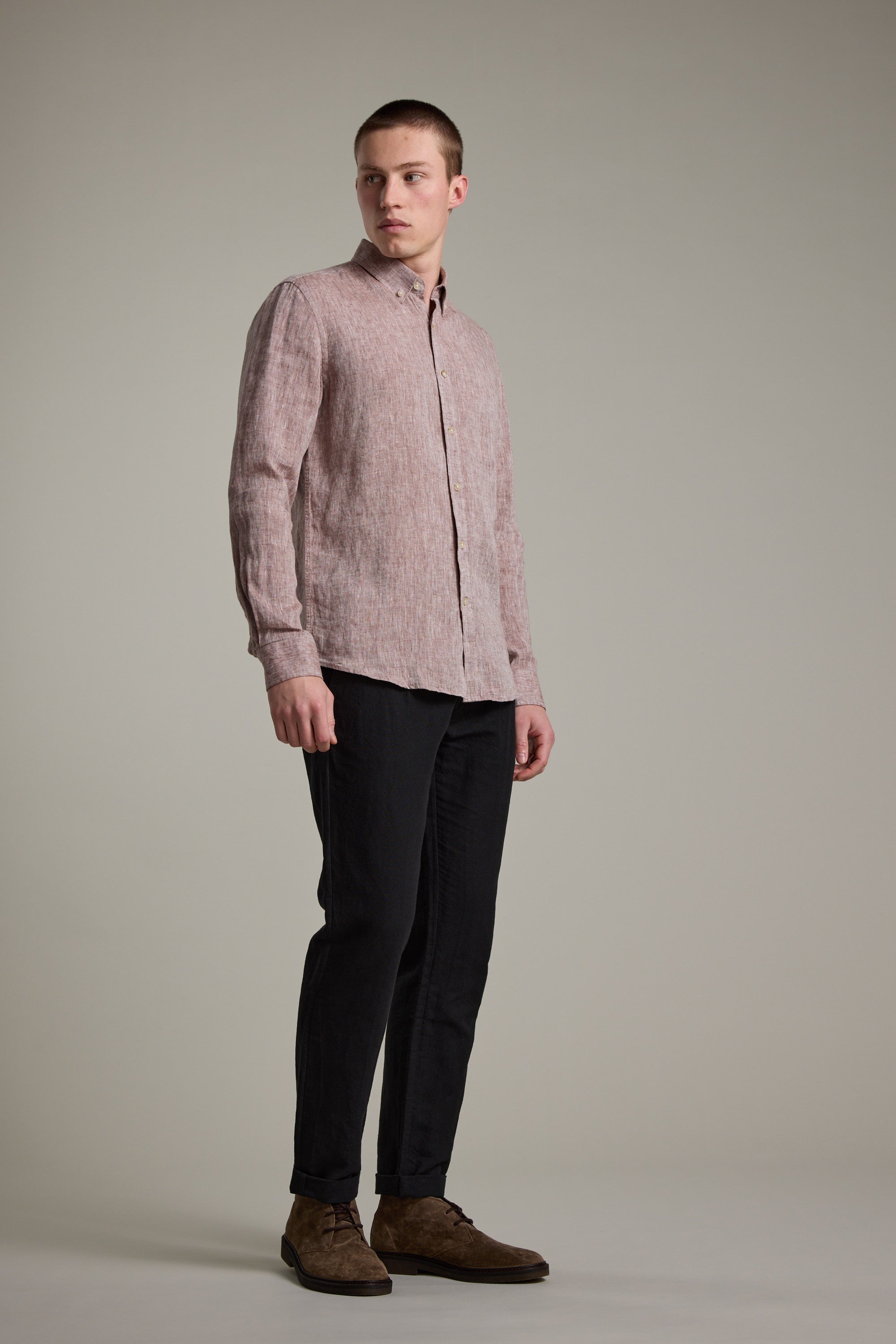 Barkers Dorset Linen Shirt in brown marl, tailored fit