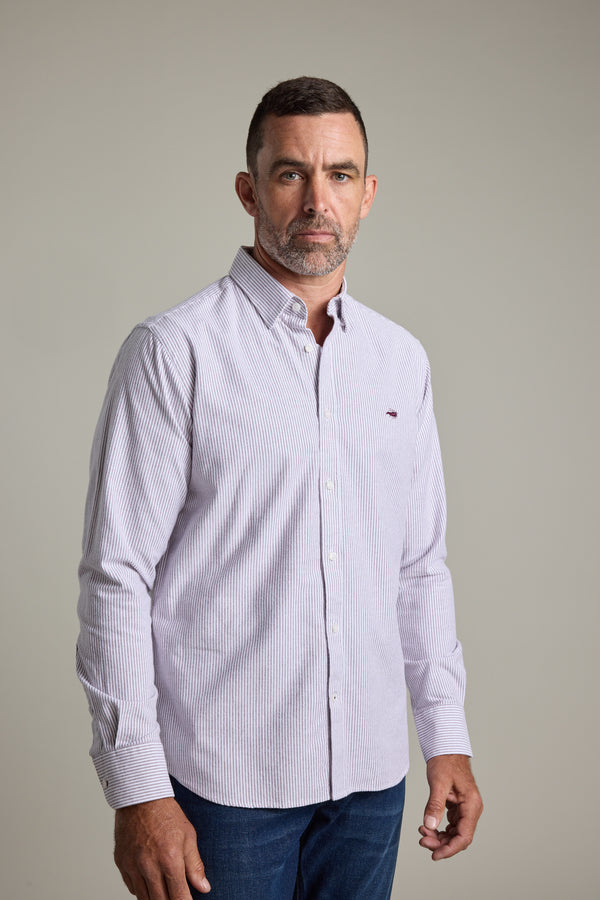 Man in Barkers Maynard Oxford Stripe Shirt and blue jeans, facing forward.