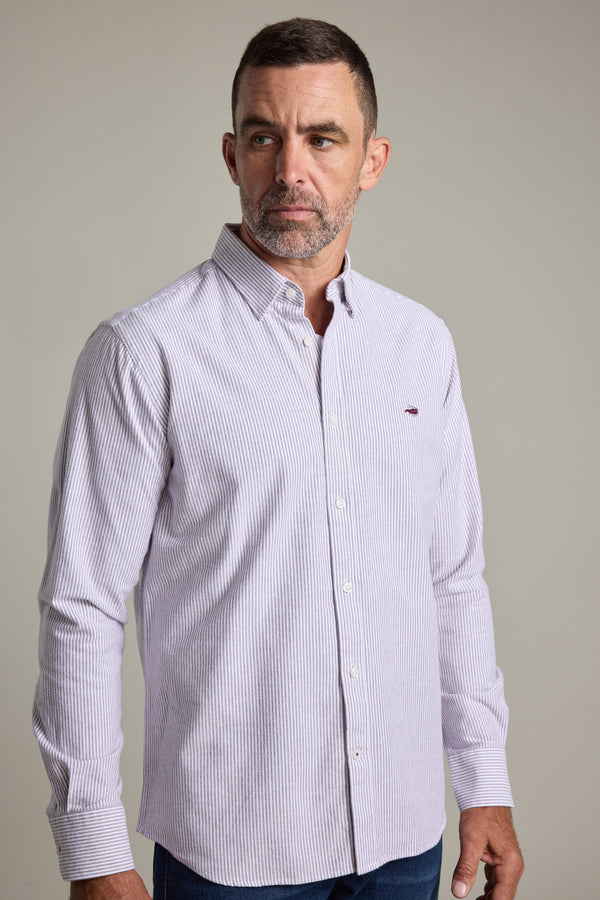 Man in Barkers Maynard Oxford Stripe Shirt, 100% cotton, against a plain background.