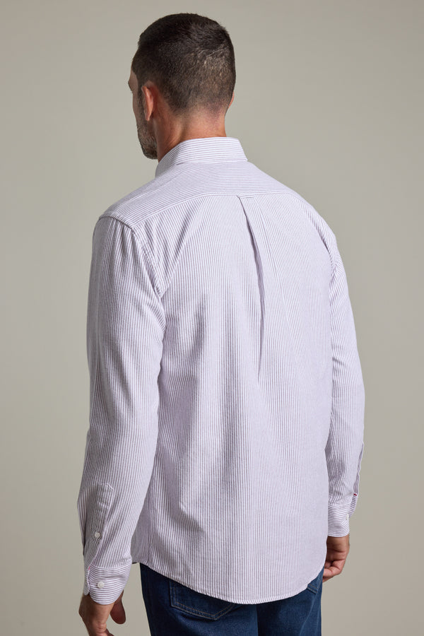 Man in Barkers Maynard Oxford Stripe Shirt and jeans, shown from the back.