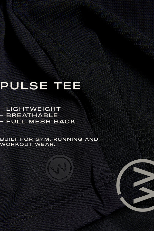 Close-up of black athletic mesh with text highlighting the WearEver Pulse Tee by WearEver—lightweight, moisture-wicking, breathable, and featuring a full mesh back; perfect for gym, running, and workouts. Two circular brand logos are partly visible.