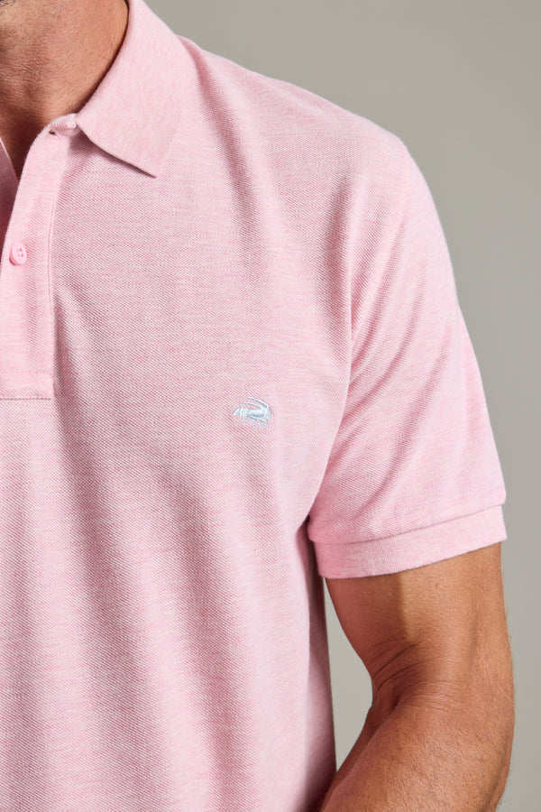 Man in a light pink Barkers Regent Pique Polo with small embroidered Crayfish logo.