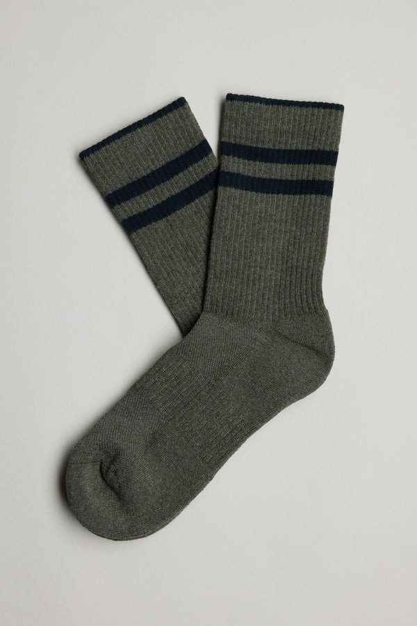 A pair of gray Barkers Emerson Sport crew socks with two dark blue stripes on a light background.