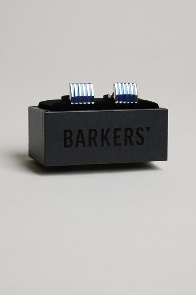 The Barkers Blue Stripe Cufflink features a silver tone with blue-striped accents, ideal for formal wear, and comes presented in a black box displaying the Barkers brand name.