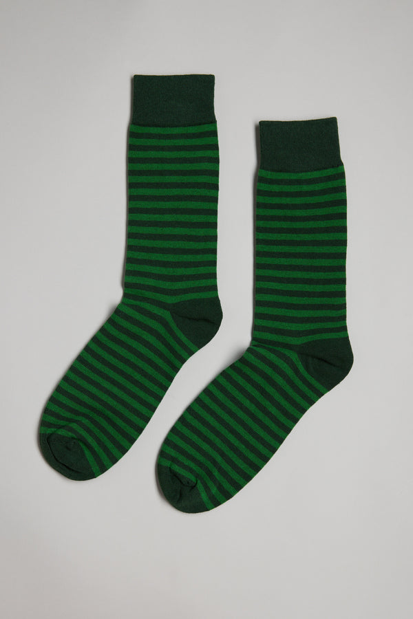 The Barkers Evans Stripe Sock, featuring green with dark green horizontal stripes, is displayed flat on a light gray background.