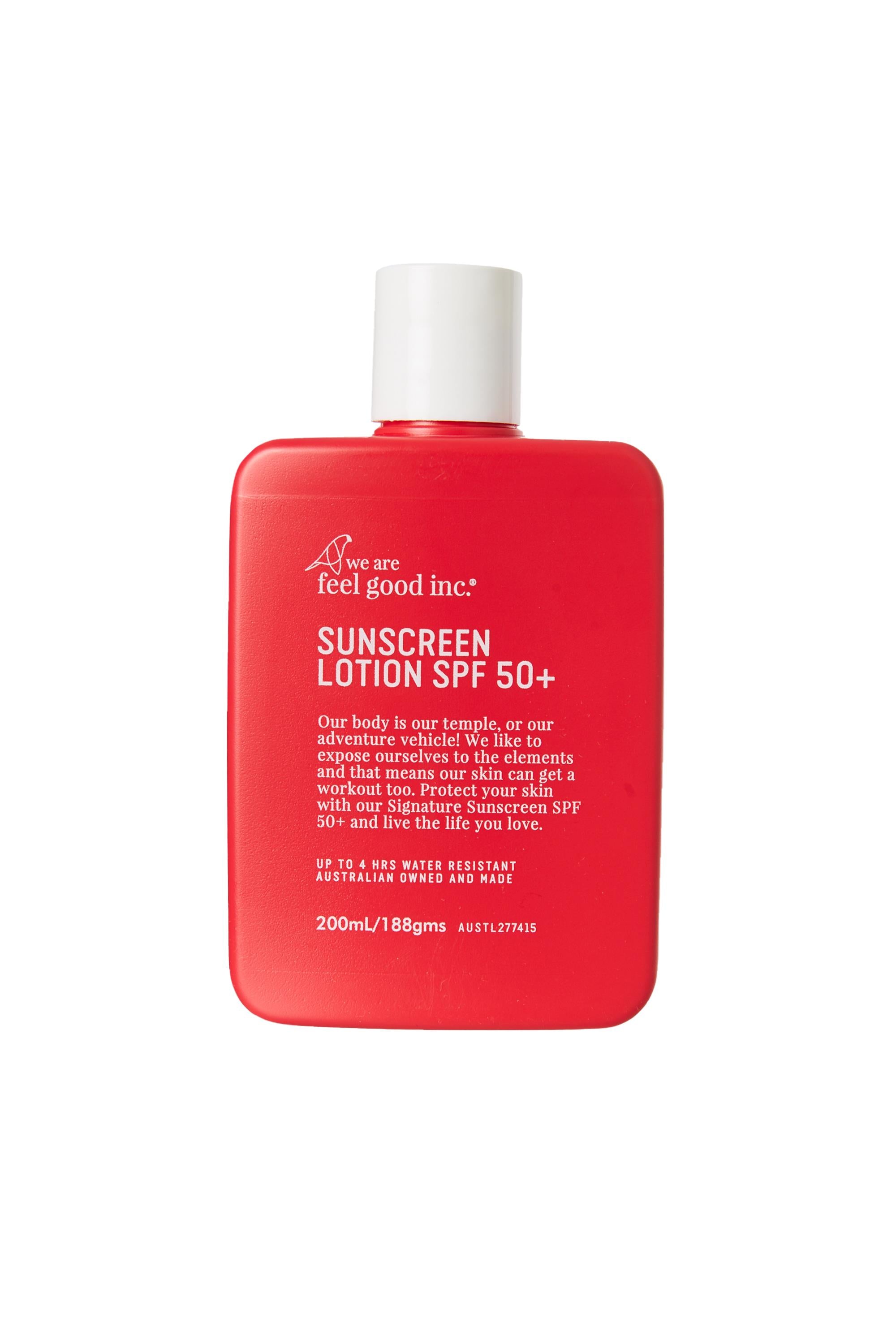 A red rectangular 200mL bottle of Other Feel Good 50+ SPF broad spectrum sunscreen with white text, water resistant and suitable for outdoor use.