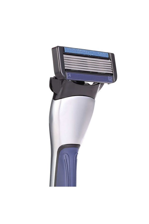 A close-up of the Earnest Empire Starter Kit - Handle & Cartridge by Other, a silver and blue multi-blade razor with a black and blue cartridge head and European-made blades, isolated on white.