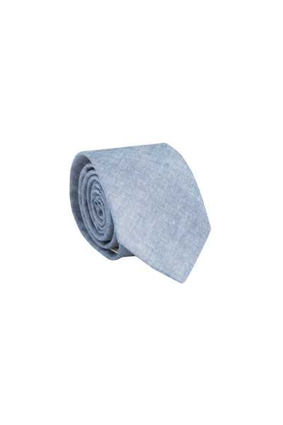 The Parisian Denim Tie by Parisian, featuring a textured light blue design, is rolled up and set against a plain white background.