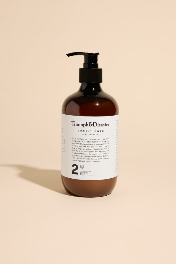 A 500ml brown bottle of Triumph & Disaster Conditioner with a black pump sits on a light beige surface, casting a soft shadow. The white label features black text, the brand name, and a prominent number 2 near the bottom.
