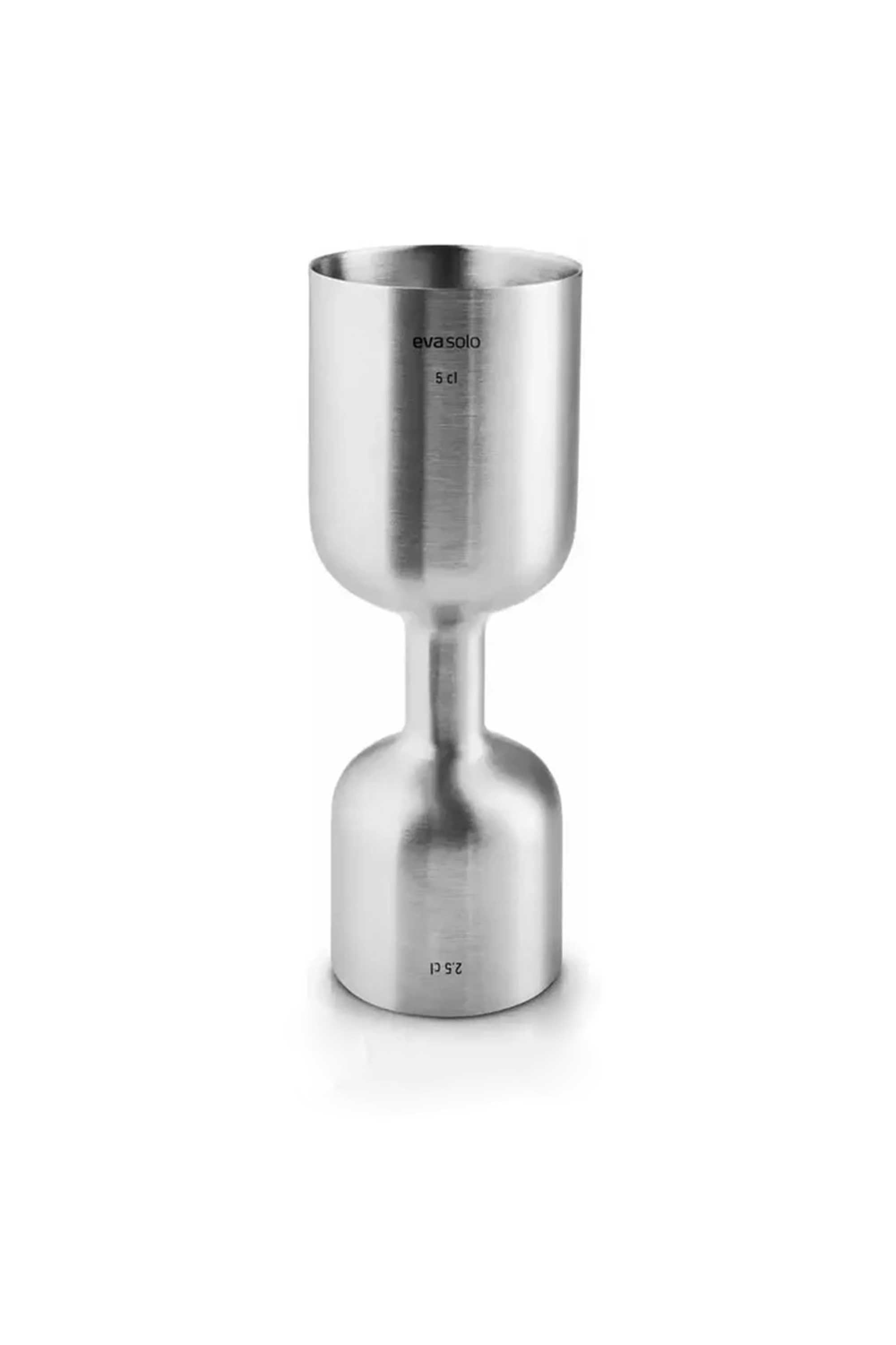 The Liquid Lounge Cocktail Jigger by Other is a stainless steel tool featuring 5 cl and 2.5 cl measurement markings, perfect for precise bartending. It stands upright on a white background, ready for any mixology task.