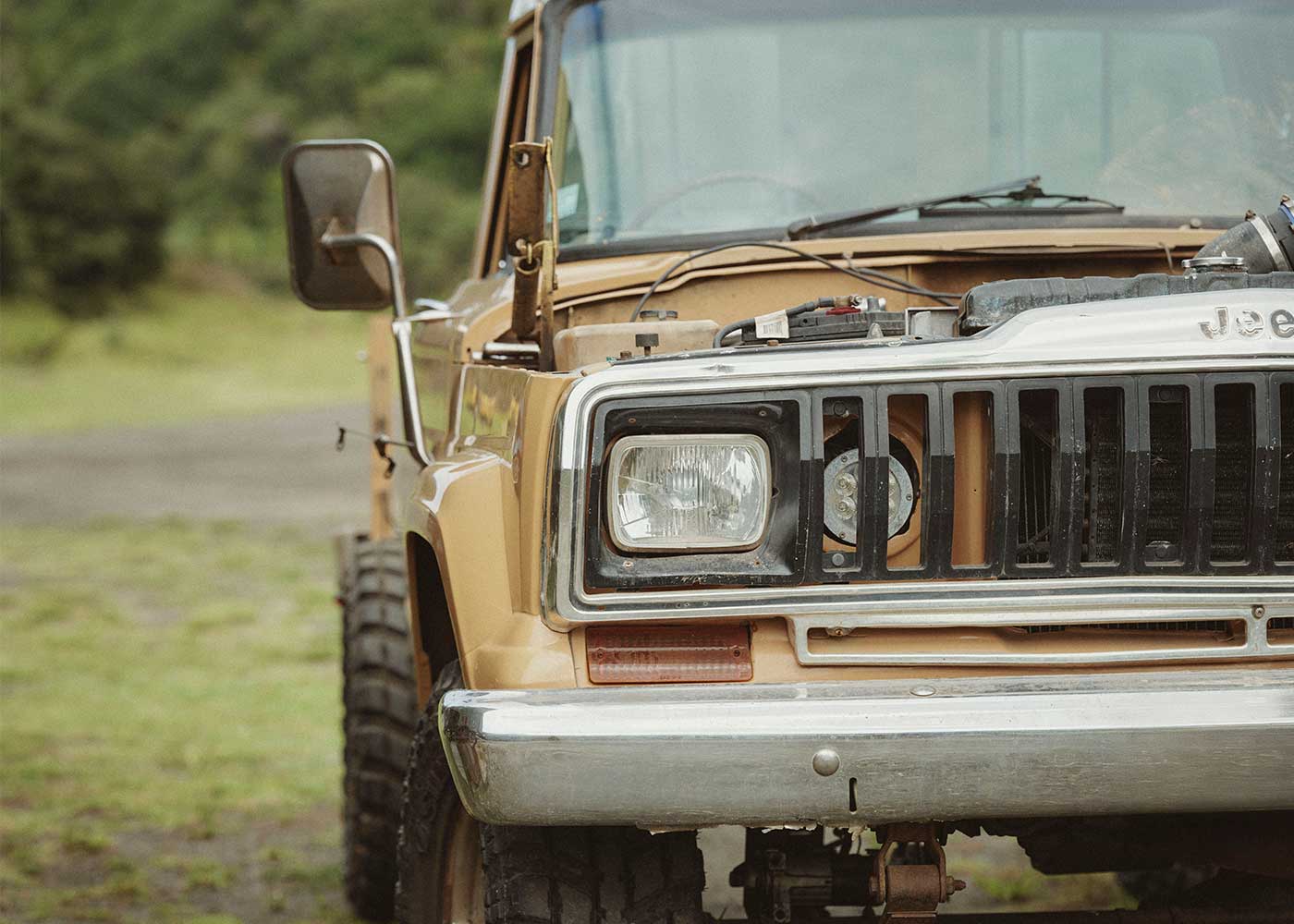Close-up of the front of a vintage tan Jeep truck with its hood open, parked on grass with greenery in the background. Only the left half of the vehicle is visible.