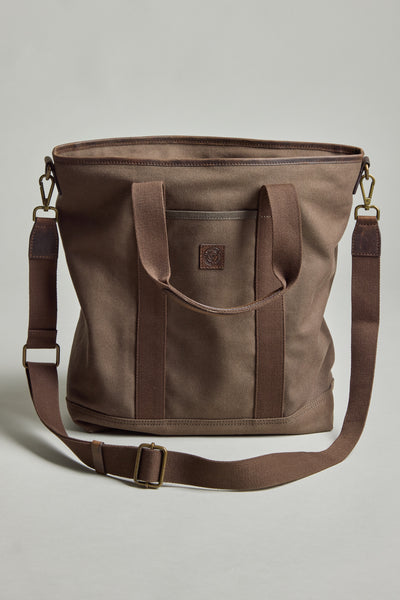Barkers Foxton Canvas Convertible Tote: brown cotton, handles, front pocket, adjustable strap.