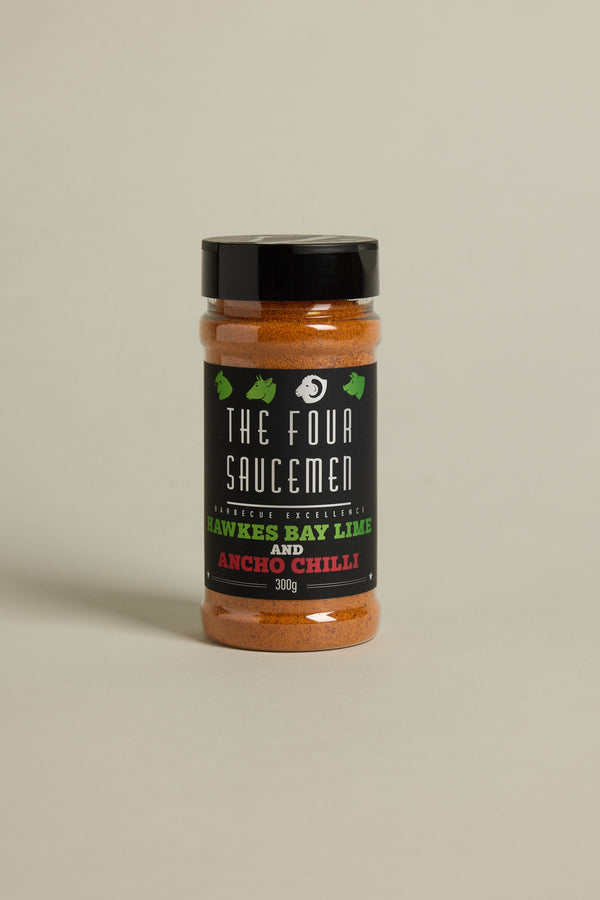 The 300g jar of Hawkes Bay Lime and Ancho Chilli by Other has a black lid, black label with green and red text, and sits on a beige background. It features a balanced flavour of Hawkes Bay lime and Ancho chilli.