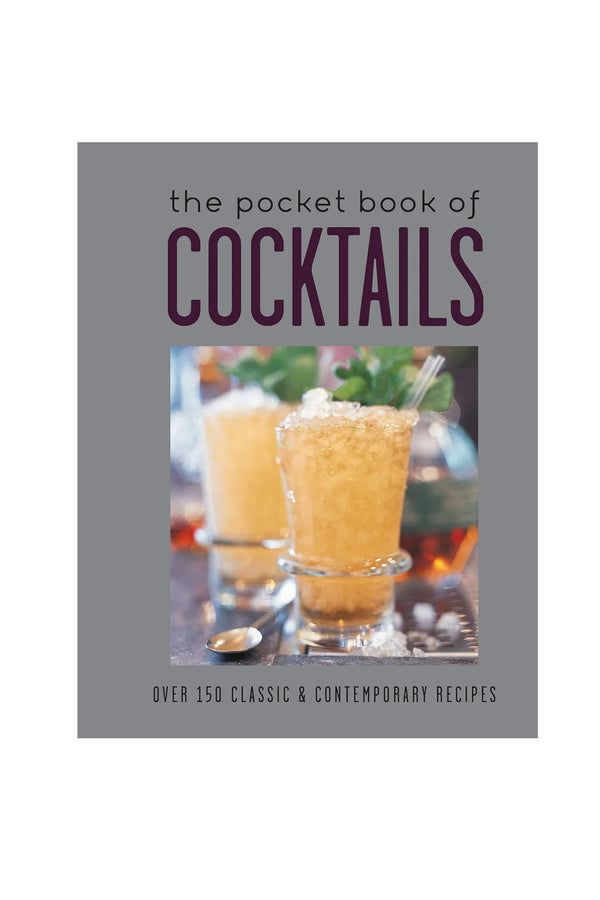 The cover of the Pocket Book of Cocktails by Bookreps features two iced cocktails with herb garnishes, a spoon on the table, and the subtitle: Over 150 classic & contemporary cocktail recipes for home bartending.