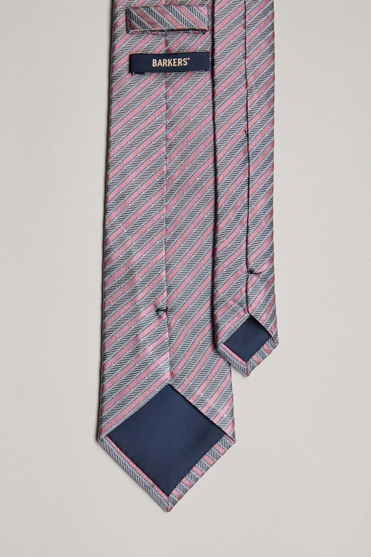 Eden Striped Tie in pink/blue jacquard, Barkers logo on back loop.
