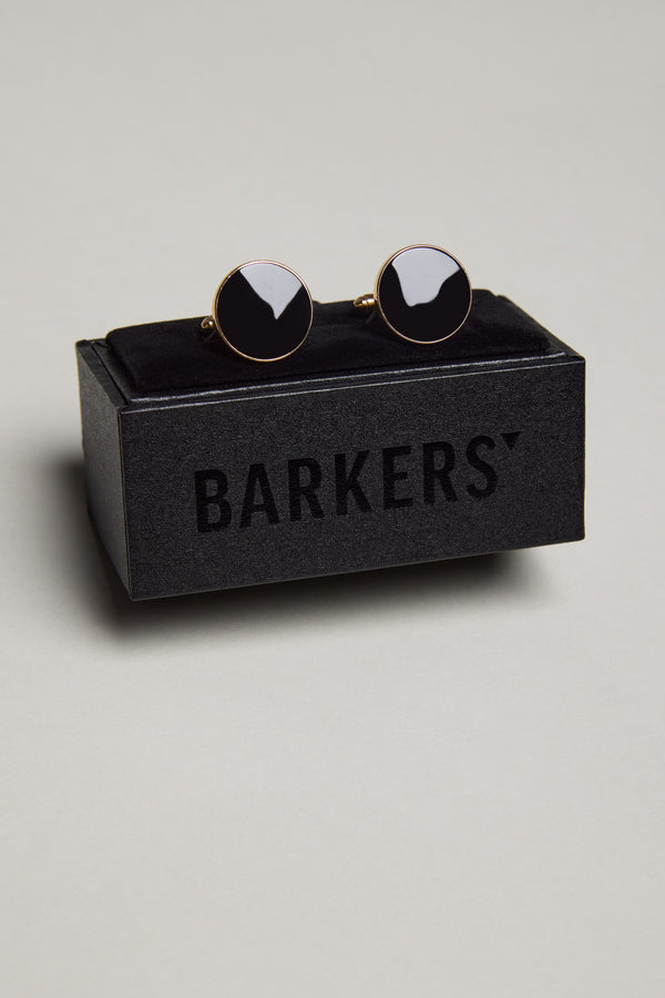 Gold and Black Round Cufflink by Barkers, displayed in a sleek box for formal occasions.