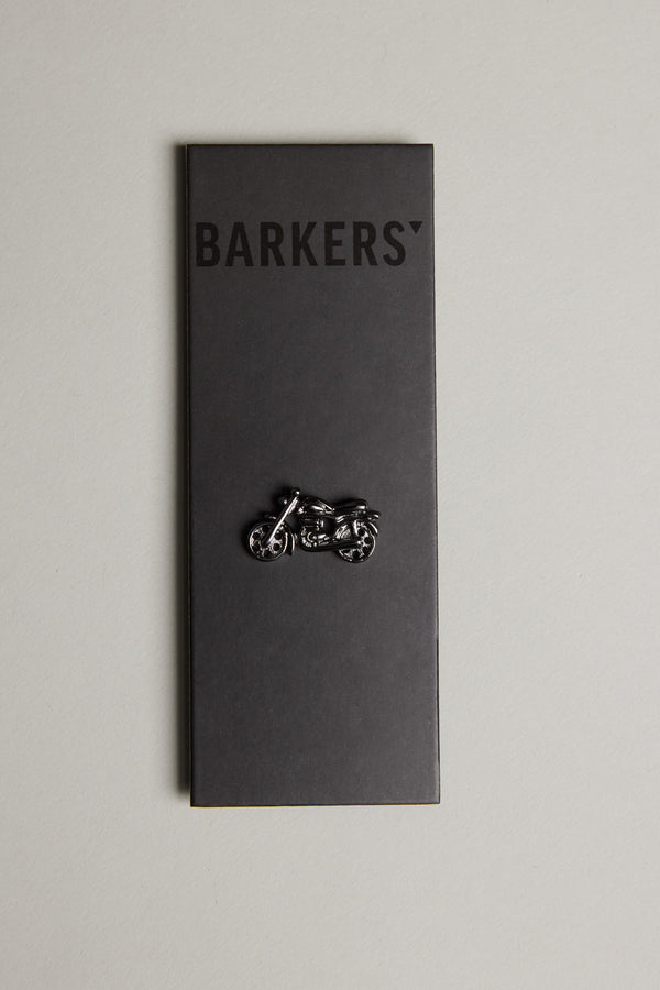 Motorbike Lapel Pin by Barkers, polished finish, on black Barkers card, light background.