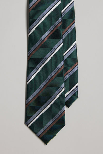 The Barkers Varick Stripe Tie features green fabric with diagonal gray, white, and dark brown stripes—a stylish accent for silk accessories or pocket squares, shown here against a plain light background.