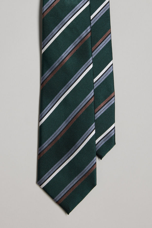 The Barkers Varick Stripe Tie features green fabric with diagonal gray, white, and dark brown stripes—a stylish accent for silk accessories or pocket squares, shown here against a plain light background.