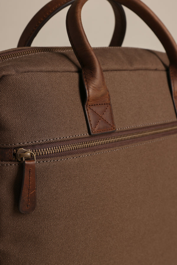 Barkers Redford Canvas Laptop Bag with leather handles, shown in close-up.