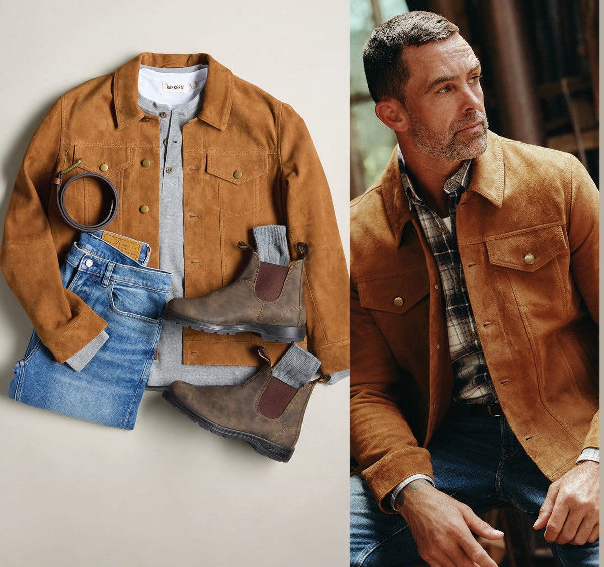 Tan suede jacket outfit flat lay, NZ man wearing similar tan jacket and jeans.