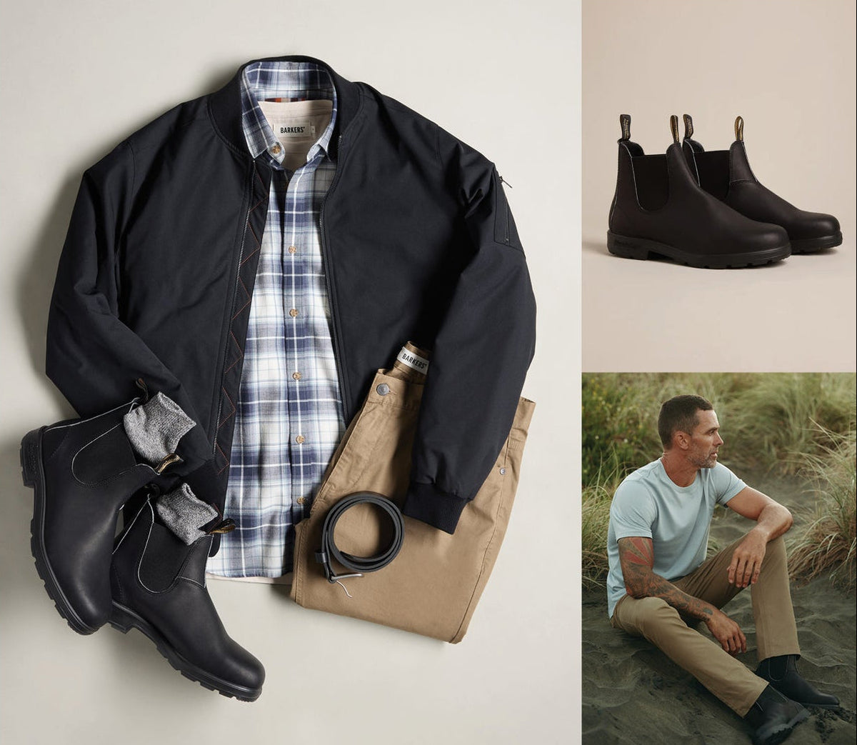 NZ mens black jacket, plaid shirt, khakis, boots, belt—outdoor-ready style.