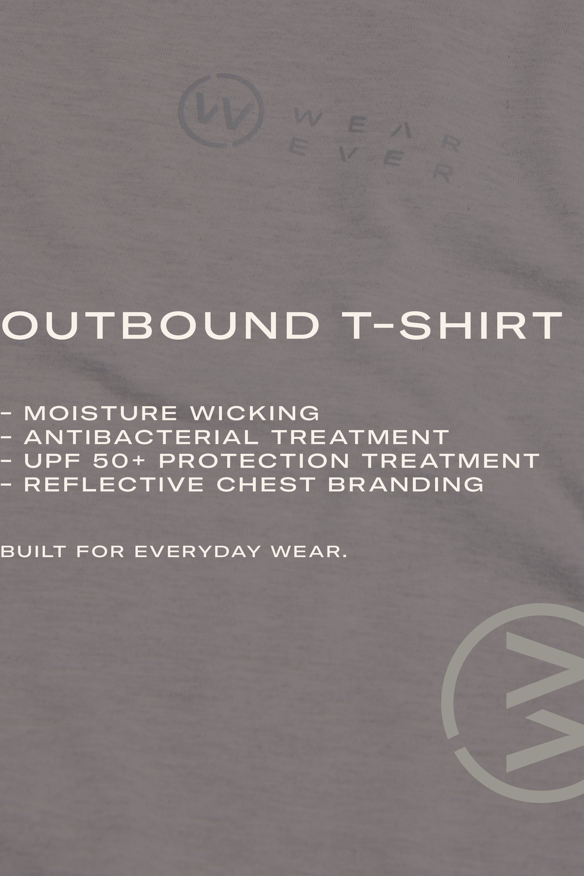 Text on a gray background reads: WearEver Outbound T-Shirt – This performance tee from WearEver features moisture wicking, antibacterial treatment, UPF 50+ sun protection, reflective chest branding, and two subtle circular logos.