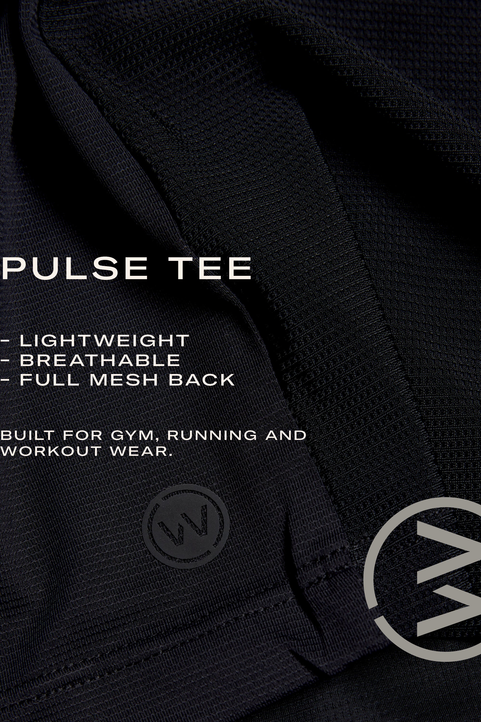 Close-up of black athletic mesh with text highlighting the WearEver Pulse Tee by WearEver—lightweight, moisture-wicking, breathable, and featuring a full mesh back; perfect for gym, running, and workouts. Two circular brand logos are partly visible.