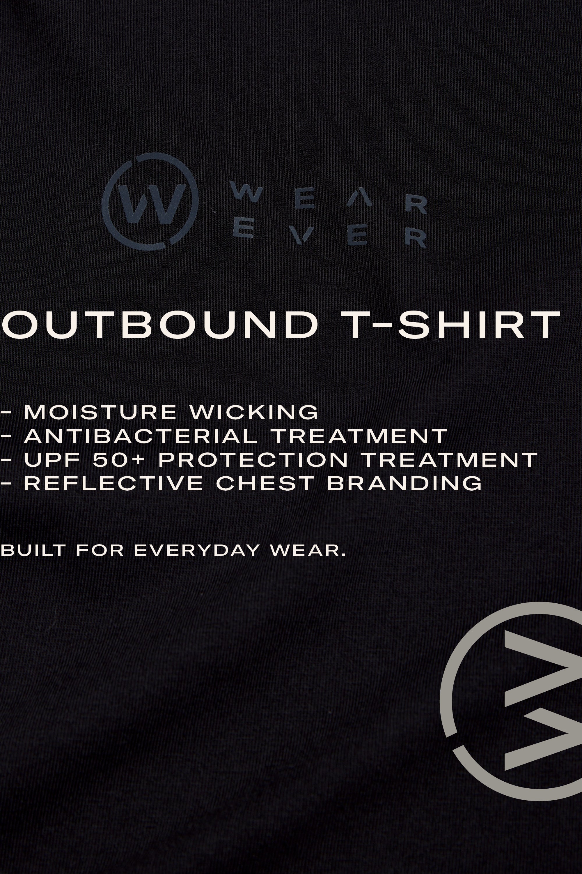 Close-up of the black WearEver Outbound T-Shirt, featuring moisture wicking, antibacterial treatment, UPF 50+ protection, reflective chest branding, and all-day comfort.