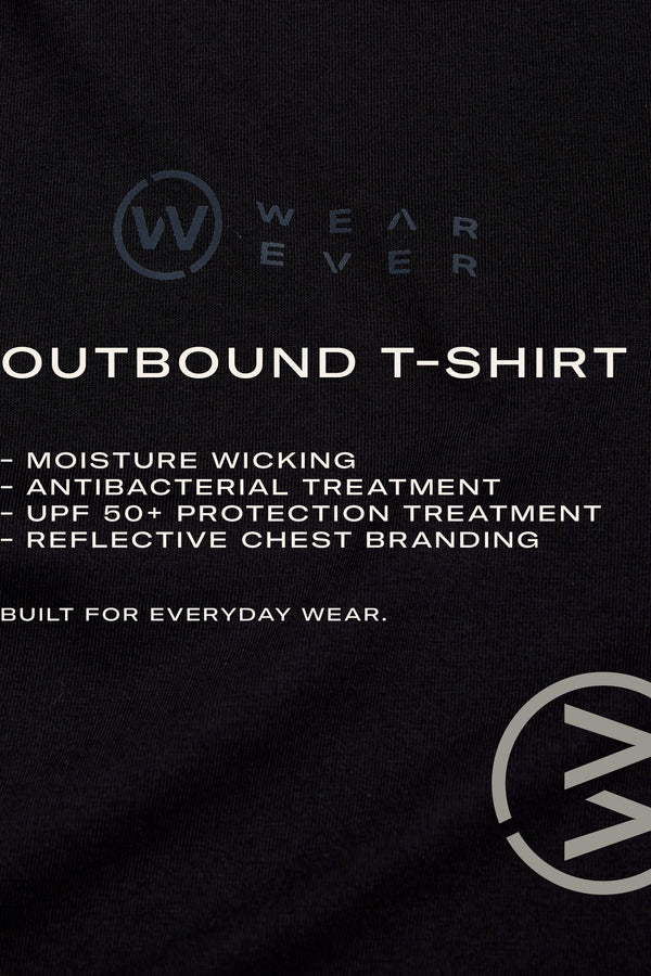 Close-up of the black WearEver Outbound T-Shirt, featuring moisture wicking, antibacterial treatment, UPF 50+ protection, reflective chest branding, and all-day comfort.