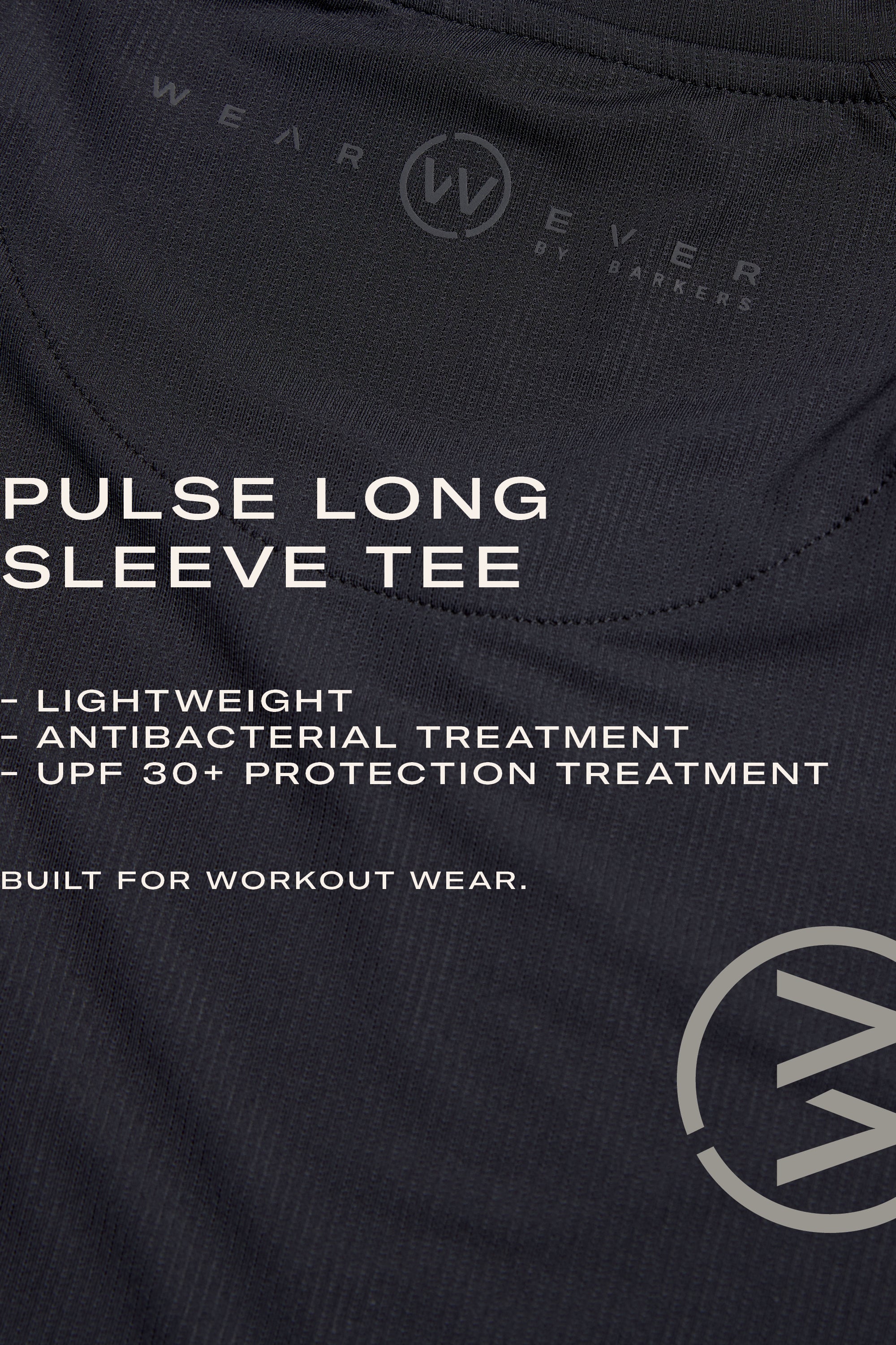 Close-up of the WearEver Pulse Long Sleeve Tee—black, lightweight, moisture-wicking, antibacterial, and UPF 30+ for superior workout comfort. The WearEver logo is visible.