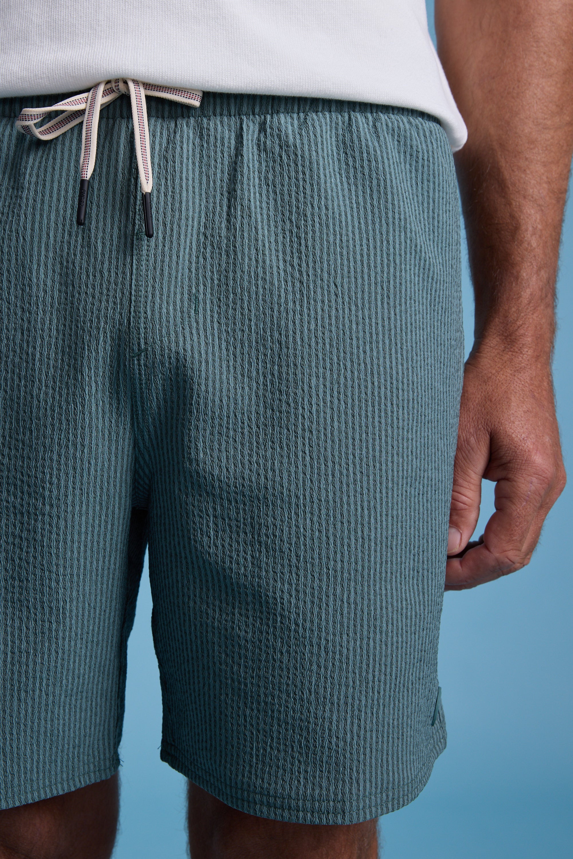 A person wears Barkers Dehaven Stripe Volley shorts with a white drawstring and a white T-shirt, shown from waist to mid-thigh against a light blue background.