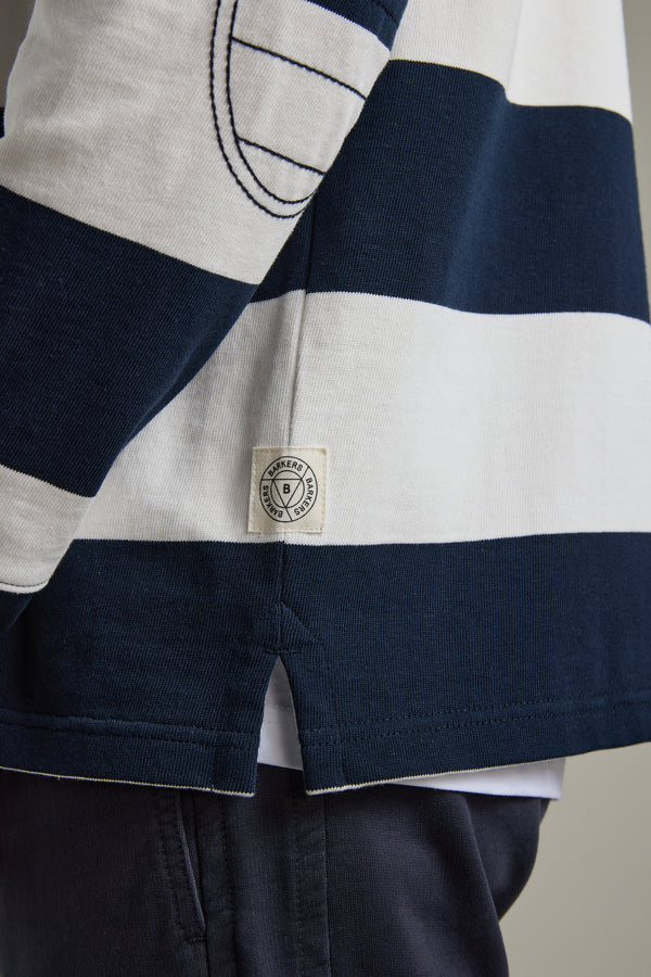 Close-up of Barkers Provincial Long Sleeve Rugby Jersey in navy and white stripes with logo patch.