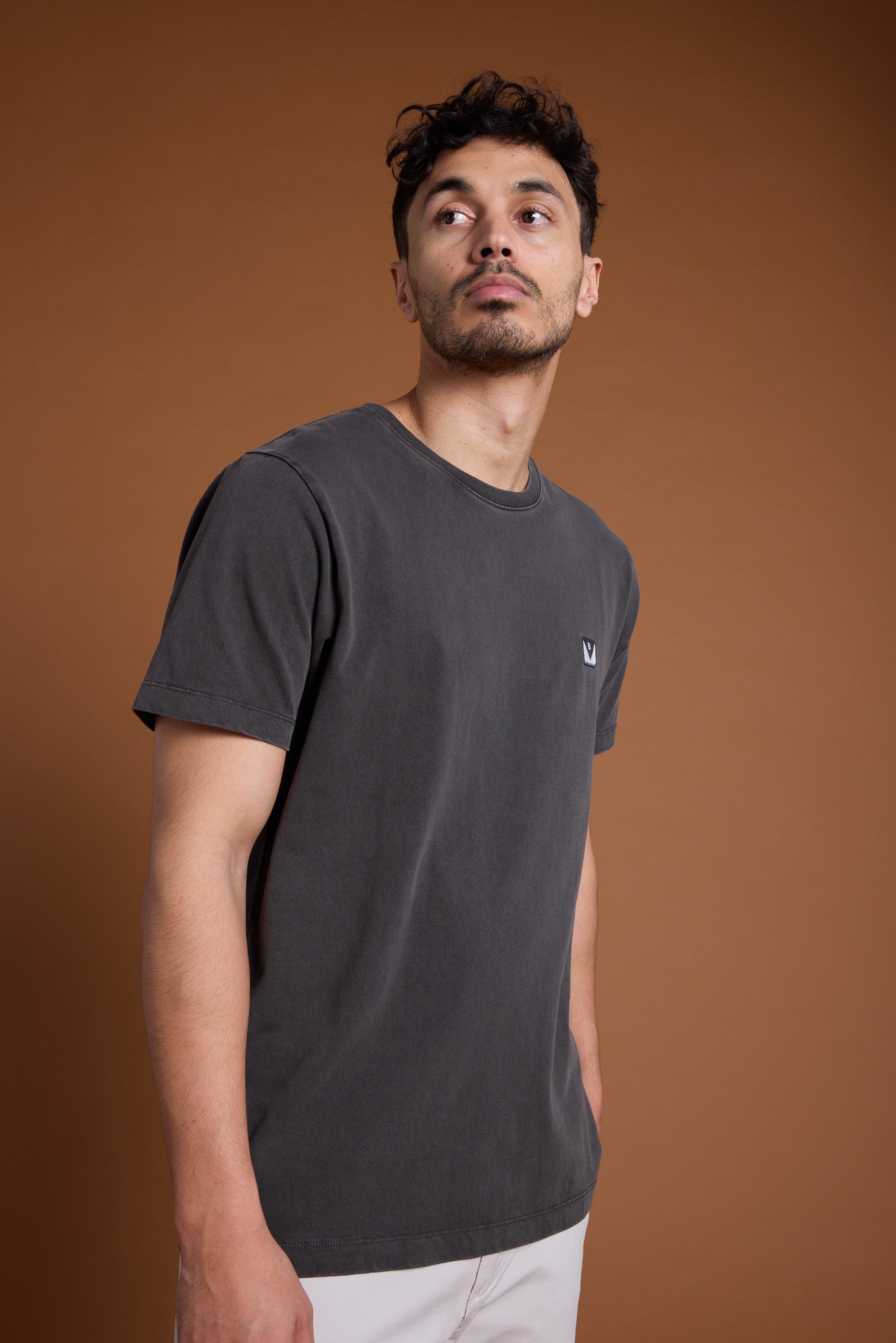 A man with short curly hair wears the Barkers Newton Washed Tee in dark gray with light pants, standing against a plain brown background. He looks slightly up and to his left, one hand casually tucked in his pocket.
