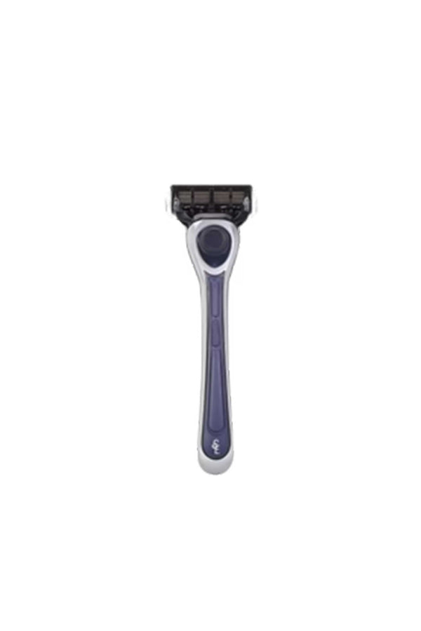 The Earnest Empire Starter Kit - Handle & Cartridge by Other features a silver and navy blue manual razor with European-made multi-blade cartridge, displayed vertically against a white background—ideal for any premium shave starter kit.