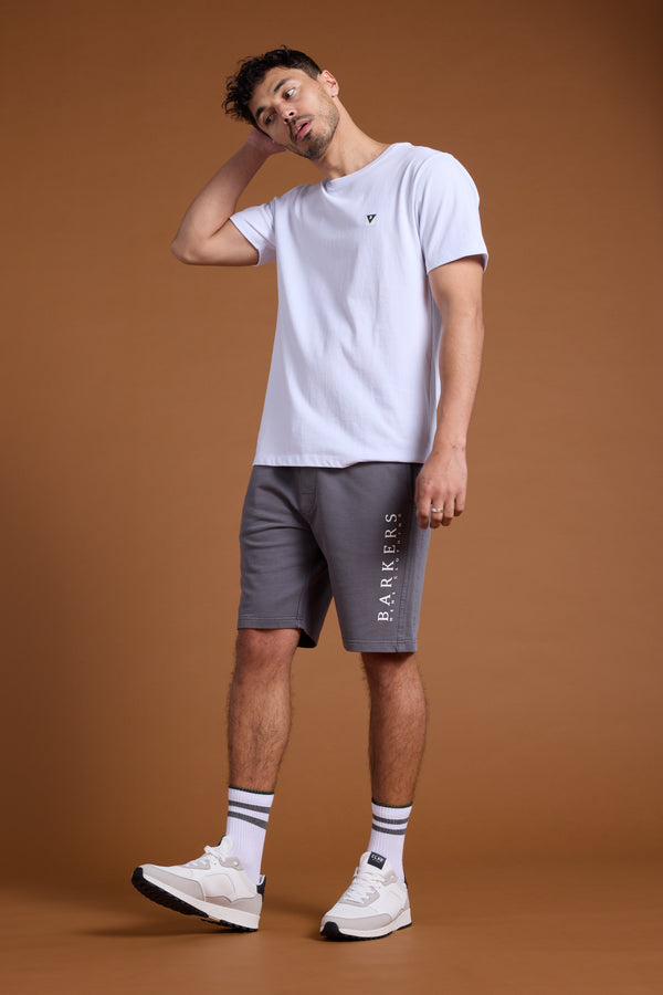 A man stands against a brown background wearing the Barkers Newton Washed Tee in an oversized box fit, gray shorts with "BARRIERS" on the side, white socks with blue stripes, and white sneakers. He poses with one hand behind his head, looking slightly sideways.