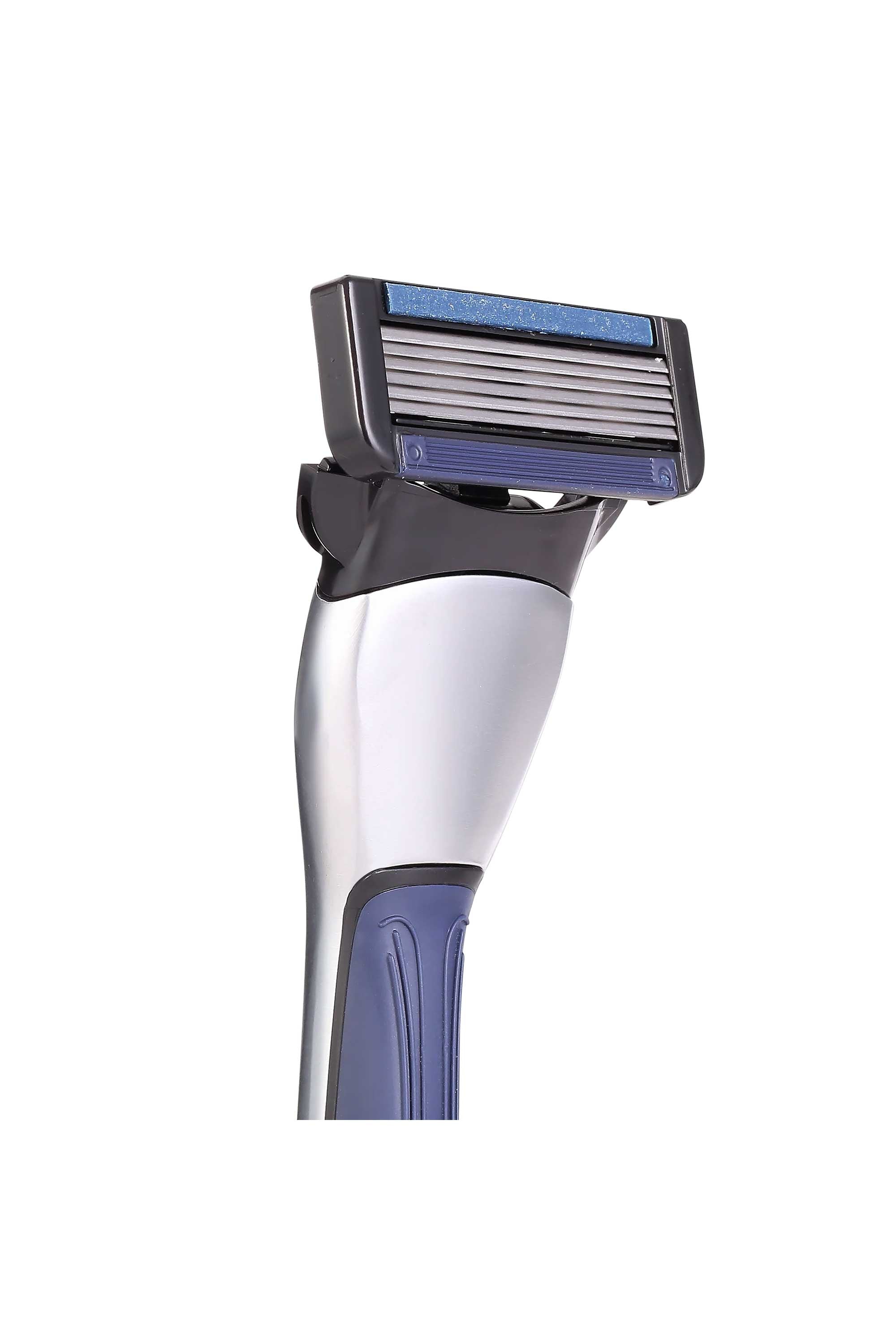 A close-up of the Earnest Empire Starter Kit - Handle & Cartridge by Other, a silver and blue multi-blade razor with a black and blue cartridge head and European-made blades, isolated on white.