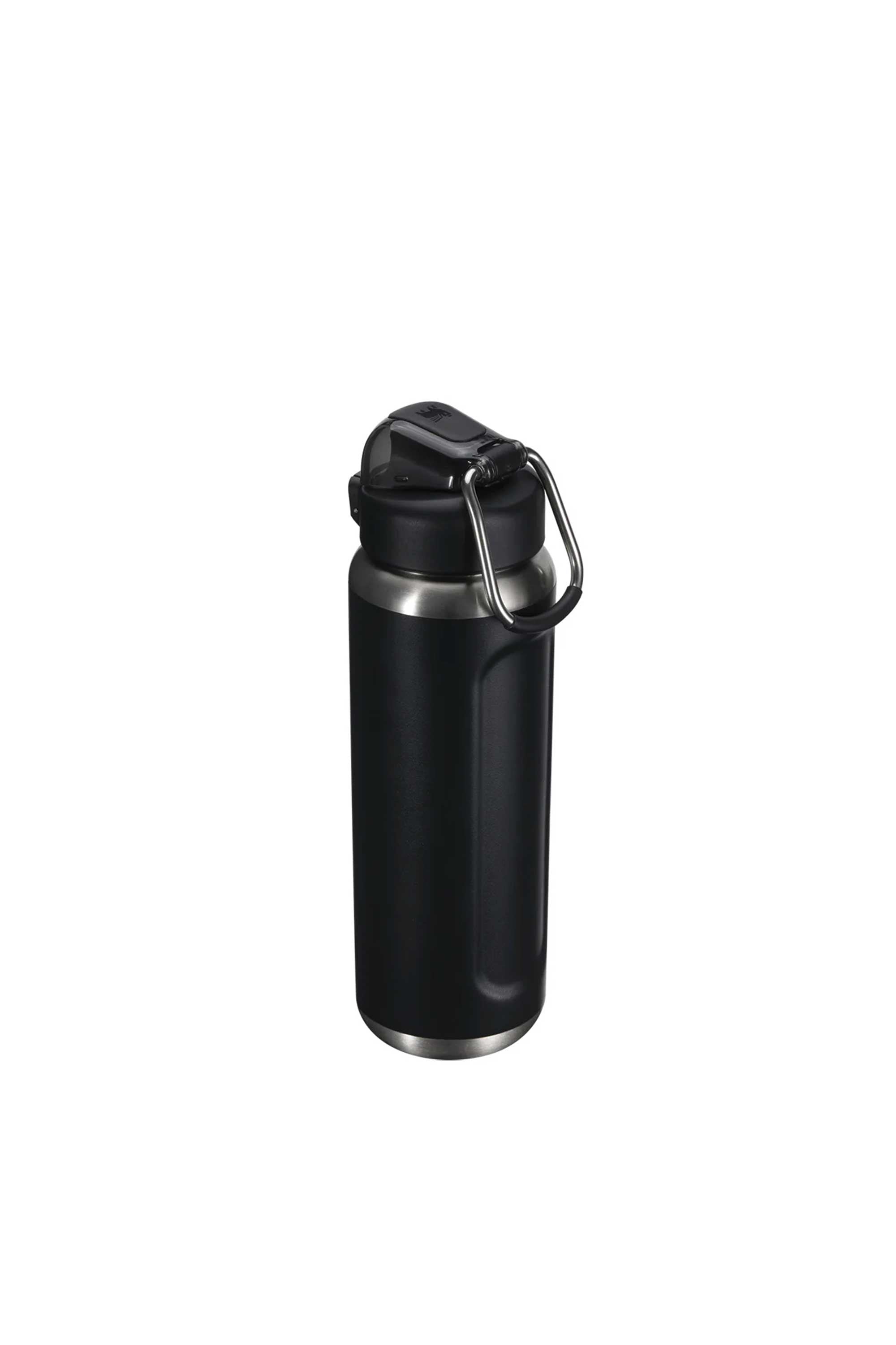 The Wellspring Bottle 24 OZ by Stanley is a black insulated stainless steel travel mug with vacuum insulation, a leak-resistant flip-top lid, silver base and rim, and metal carrying handle, shown on a plain white background.