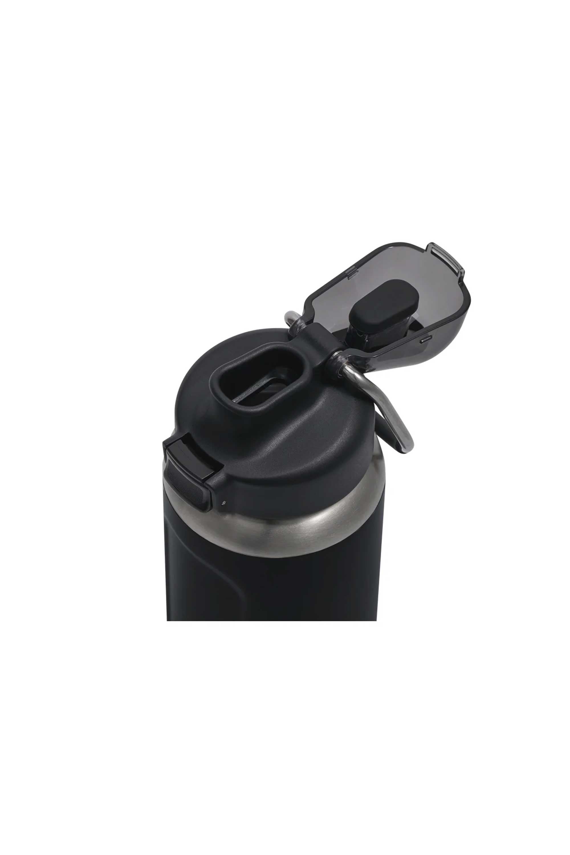 A close-up of the Stanley Wellspring Bottle 24 OZ in black, shown with its flip-top lid open to reveal a leak-resistant spout and attached metal clip, set against a plain white background.